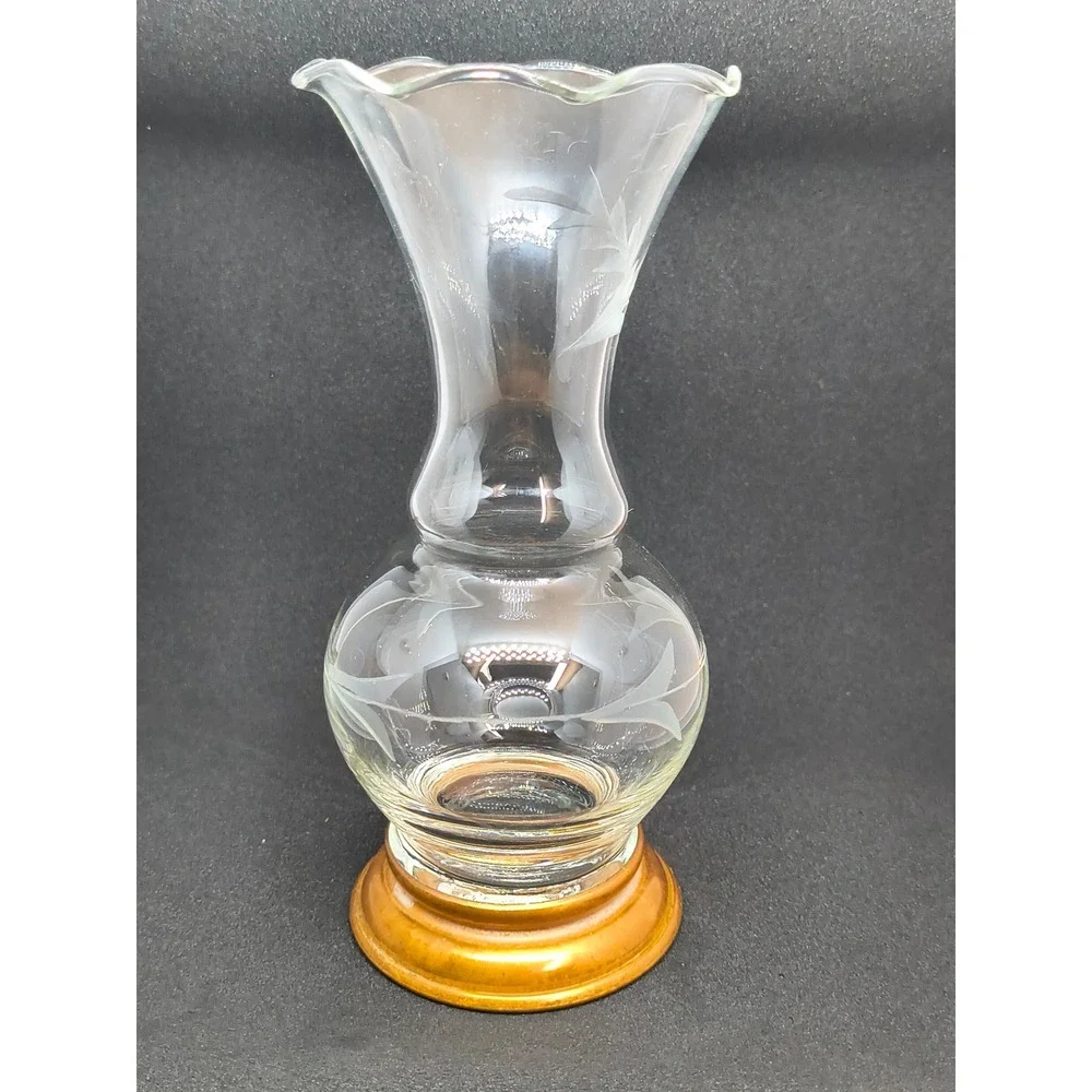 Vintage Princess House Etched Wheat Glass Bud Vase Copper Base Ruffled Rim